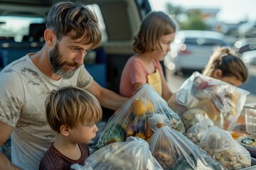 Obraz premium A group of people, including an adult and children, are unpacking bags of groceries from the back of a vehicle, busy in the parking lot and preparing to carry the bags home.
