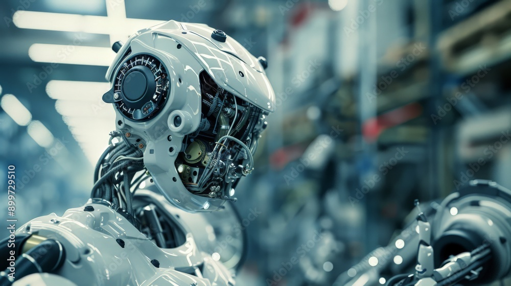 Poster Detailed view of a humanoid robot head with internal mechanisms. Advanced robotics and AI in manufacturing.
