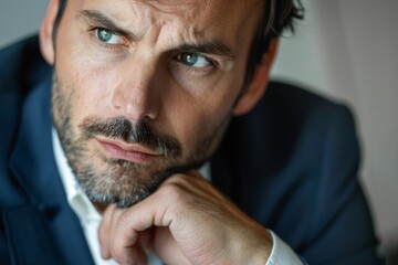Close-up of businessman with hand on chin, deep in thought and contemplation