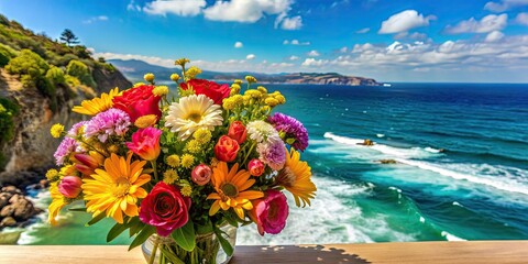 Beautiful bouquet of colorful flowers with a backdrop of a stunning ocean view , flowers, colorful, bouquet, ocean, view
