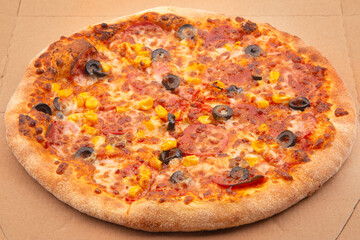 Delicious close up of a fresh handmade pepperoni pizza with cheesy