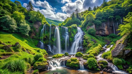 Beautiful natural scenery with a waterfall cascading down a lush hillside, waterfall, scenery, nature, hill, landscape