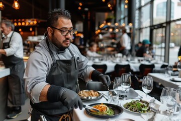 A chef is carefully plating a dish in a restaurant with an elegant setting, showcasing meticulous culinary skills and attention to detail in preparing a visually appealing and delicious meal.