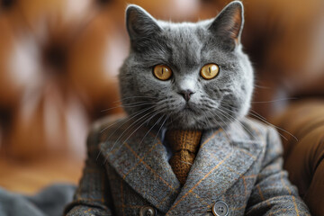 Scottish gray straight cat sitting in a business suit