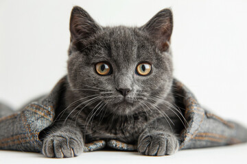 Scottish gray straight cat sitting in a business suit