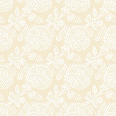 Modern white on cream lace effect wedding background texture. Soft tonal linen openwork block print with subtle hand drawn lattice damask printed fabric backdrop. 