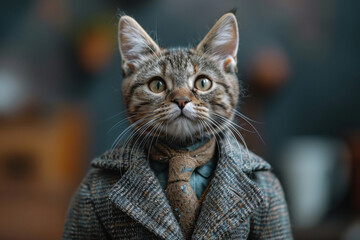 Scottish gray straight cat sitting in a business suit