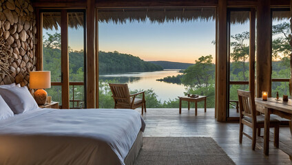 Fototapeta premium A luxurious ecolodge bedroom with floor-to-ceiling windows offering a panoramic view of a lake at sunset, featuring wooden furniture and a cozy atmosphere.