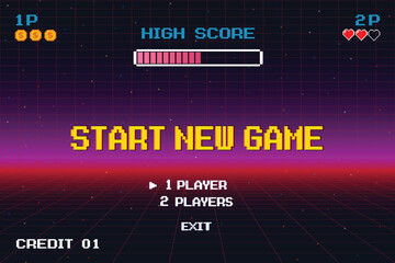 START NEW GAME play .pixel art .8 bit game. retro game. for game assets .Retro Futurism Sci-Fi Background. glowing neon grid. and stars from vintage arcade computer games