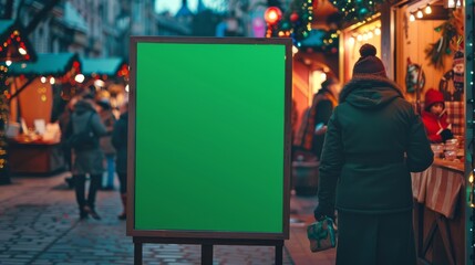 Fototapeta premium Unique and attractive vertical blank green screen billboard mock-up at a festive holiday market, seasonal environment