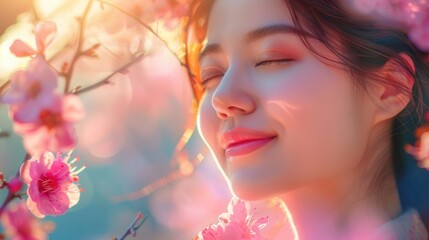 Fototapeta premium Close-up portrait of a happy Asian woman among blossoms, vibrant colors, soft light, AI generative image, joyful mood