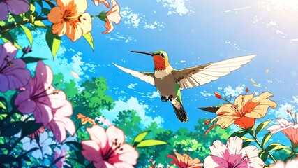 hummingbird in flowers background anime cartoon illustration