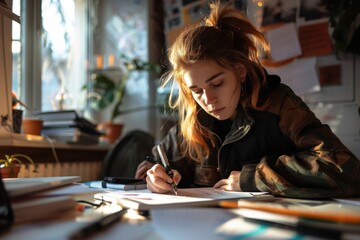 Focused Student Organizing College Plans and Taking Notes at Desk with Realistic Approach