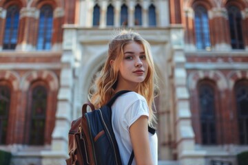 Fototapeta premium Confident Student Ready for Classes Outside College Library
