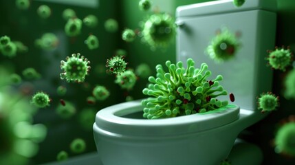Toilet bowl with virus particles floating around, depicting hygiene and sanitation concerns.