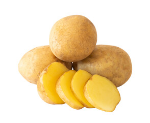 whole potatoes and potato slices isolated on white