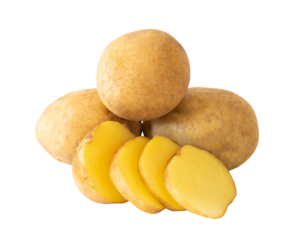 whole potatoes and potato slices isolated on white