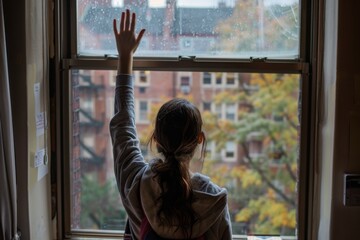 Farewell moment - Student waving goodbye to family from dorm room window in realistic scene