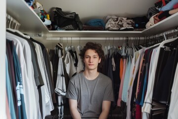 Obraz premium Organized Student Closet with Clothes and Personal Items - Realistic Lifestyle Photo Showing Tidying Up and Storage Solutions