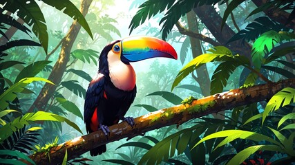 Obraz premium toucan in rainforest background anime cartoon illustration