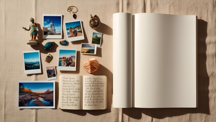 Travel Memories with Polaroid Photos and Journal Flat Lay with Copy Space