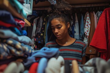 Obraz premium College Student Organizing Clothes in Dorm Closet for New Semester | Realistic Lifestyle Image of Student Preparing for University Life