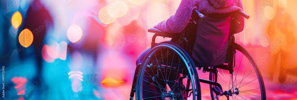 Aufkleber person in a wheelchair in a vibrant urban setting with colorful bokeh lights. celebrating urban acce