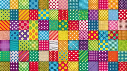 Colorful patchwork art with dotted patterns, patchwork, colorful, art, design, fabric, vibrant, textile, abstract