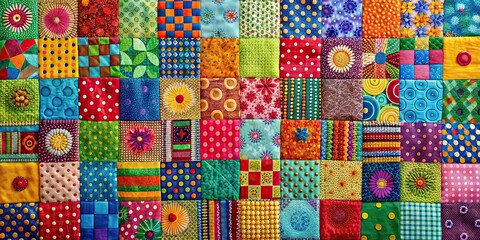 Colorful and vibrant patchwork art with dotted patterns, patchwork, colorful, vibrant, art, dots, patterns, decoration