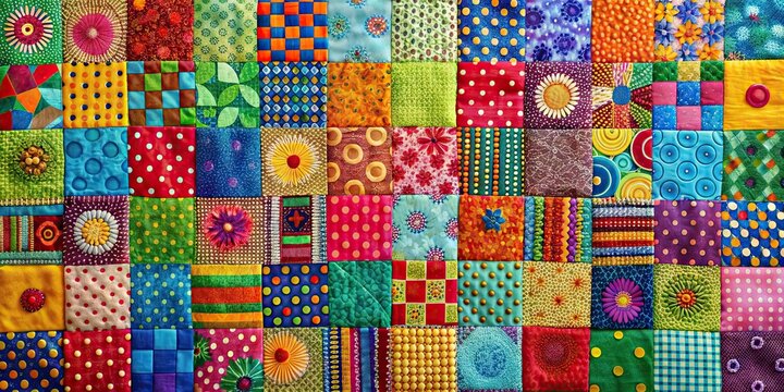 Colorful and vibrant patchwork art with dotted patterns, patchwork, colorful, vibrant, art, dots, patterns, decoration