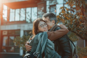 Heartfelt Farewell: Emotional Student Embraces Parents Outside College Dormitory - Realistic Depiction of Family Separation