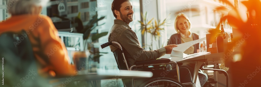 Poster man in wheelchair smiling in an office meeting, highlighting accessibility and inclusion. promoting 