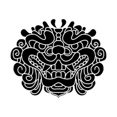 Fototapeta premium Traditional lion face tattoo. Chinese lion face statue. Vector of Ancient Chinese Traditional Monster lion head Pattern. Chinese Lion traditional style logo. line art