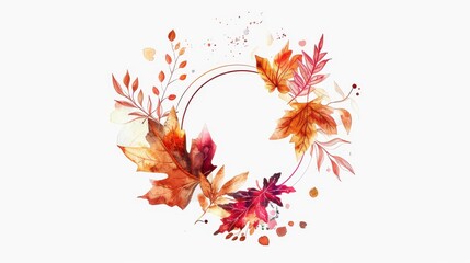 Watercolor painting of autumn leaves arranged in a circle with a blank space in the center.