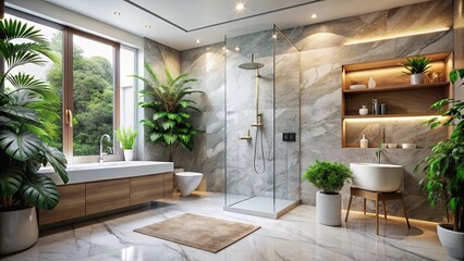 Fototapeta premium Modern bathroom interior with marble tiles, glass shower, and decorative plants, luxury, clean, design, architecture, elegant