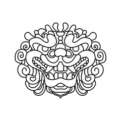 Traditional lion face tattoo. Chinese lion face statue. Vector of Ancient Chinese Traditional Monster lion head Pattern. Chinese Lion traditional style logo. line art