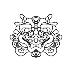 Traditional lion face tattoo. Chinese lion face statue. Vector of Ancient Chinese Traditional Monster lion head Pattern. Chinese Lion traditional style logo. line art