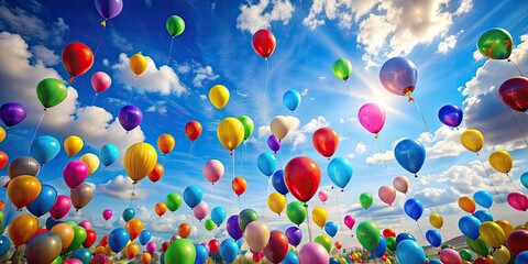 Colorful balloons floating in the sky during a festive celebration, balloons, festive, colorful, sky, celebration, party, happiness