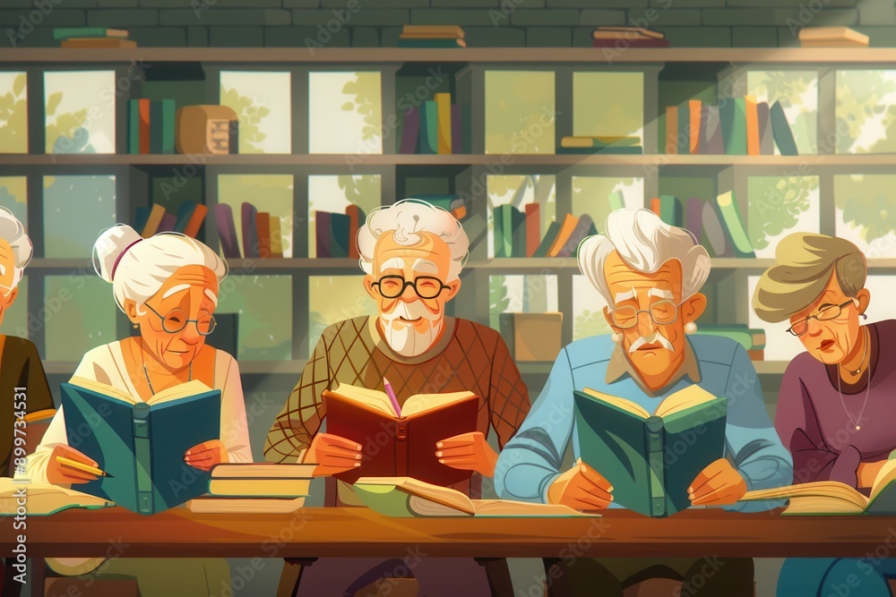 Poster A group of elderly individuals sit at a long table, deeply focused on studying foreign languages with textbooks and dictionaries in a bright library. Generative AI