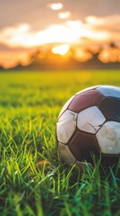 Fototapeta premium A classic soccer ball lies peacefully as the sun sets in the background