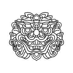 Traditional lion face tattoo. Chinese lion face statue. Vector of Ancient Chinese Traditional Monster lion head Pattern. Chinese Lion traditional style logo. line art