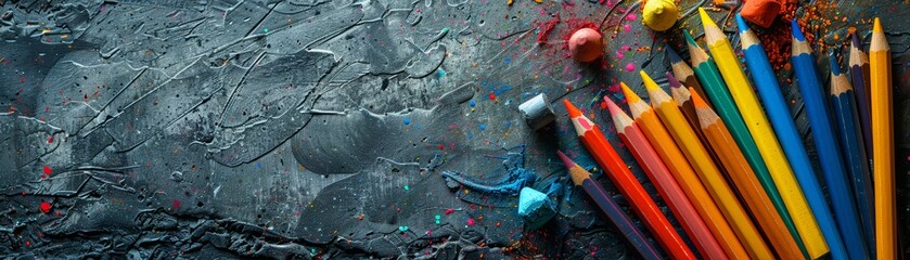 Obraz premium Concrete wall texture with scattered notebooks and crayons, back to school, industrial and fresh, copy space