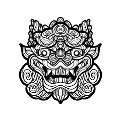 Naklejka premium Traditional lion face tattoo. Chinese lion face statue. Vector of Ancient Chinese Traditional Monster lion head Pattern. Chinese Lion traditional style logo. line art