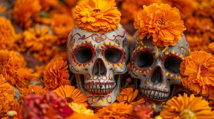 decorated skulls of the day of the dead in Mexico next to yellow flowers