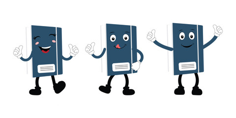 Cute cartoon book set character with different emotions and in action. Collection of cartoon,retro, groovy characters.  Vector flat icons set isolated on white background.