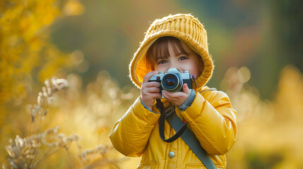 Fototapeta premium A little girl holding a retro camera and attempting to take a photo in outdoor setting