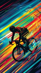 A cyclist speeds along, engulfed in vibrant colors and energy