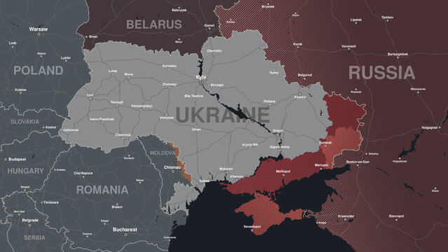 Map of Ukraine, combat area, 2D illustration.