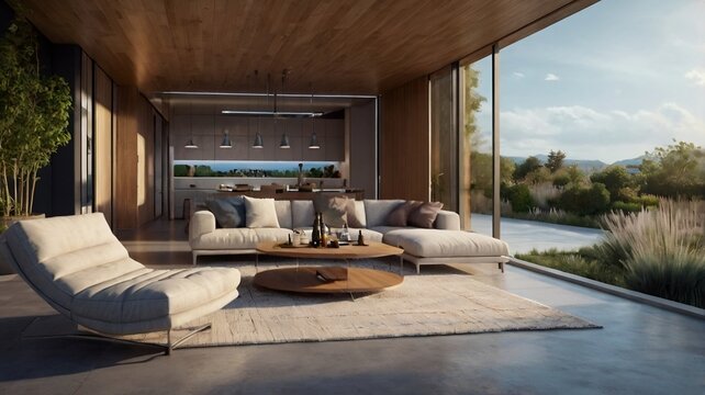 Incredible modern living room with a sofa and a huge window to the outside field