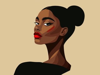 This vector illustration features a woman with a sleek bun, red lips, and a confident gaze against a neutral background.